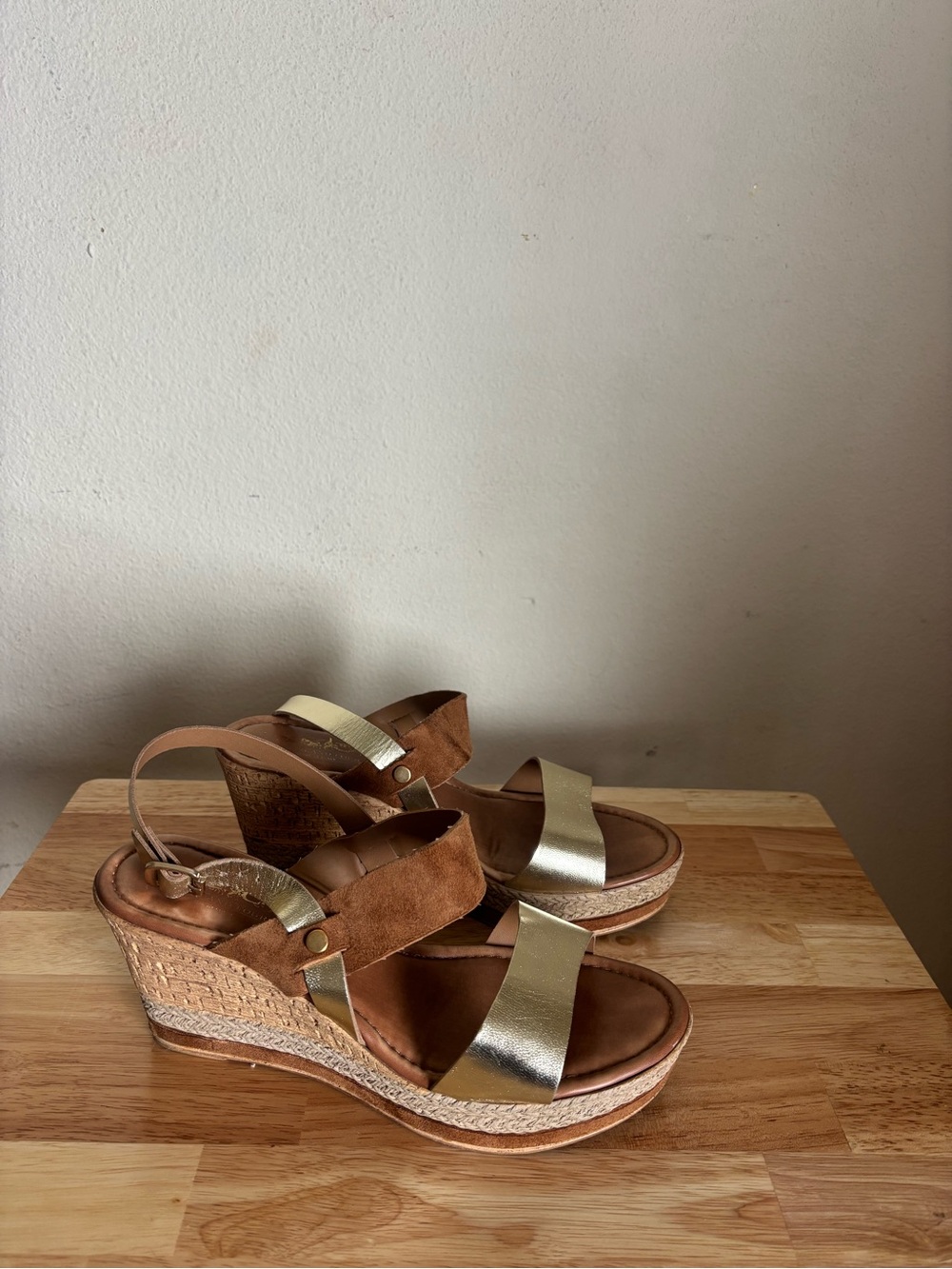 Coach Brown Suede and Gold Wedge Sandals
